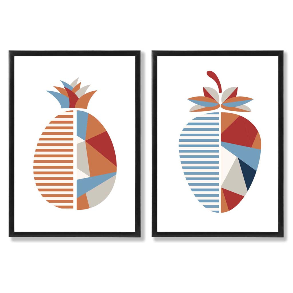 Set aus 2 Kunstdrucken mit geometrischem Erdbeermotiv in Blau und Orange