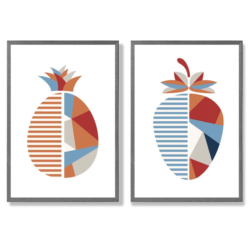 Set aus 2 Kunstdrucken mit geometrischem Erdbeermotiv in Blau und Orange