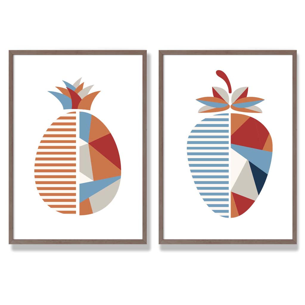Set aus 2 Kunstdrucken mit geometrischem Erdbeermotiv in Blau und Orange