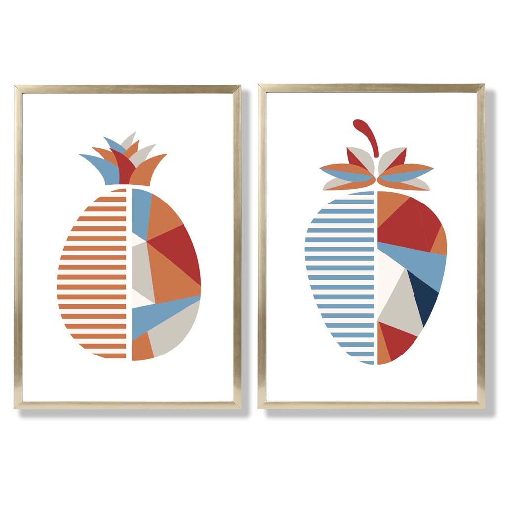 Set aus 2 Kunstdrucken mit geometrischem Erdbeermotiv in Blau und Orange