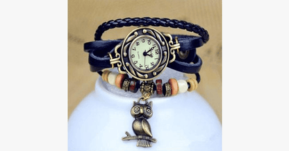 Vintage-Armbanduhr mit Eule und Boho-Chic-Armband – Gewebte Armbanduhr im Manschettenstil für einen trendigen Look!
