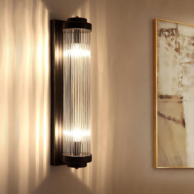 Rohre Wandmontierte Lampe Moderner Stil Klare Kristall und Metall 2 Lichter Wandleuchte in Schwarz für Nachttisch | Brehn