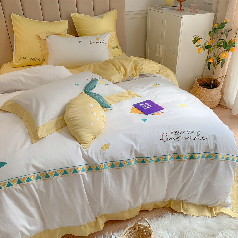 Zitronenmotiv Baumwollsatin Bettbezug Set mit Rüschensaum