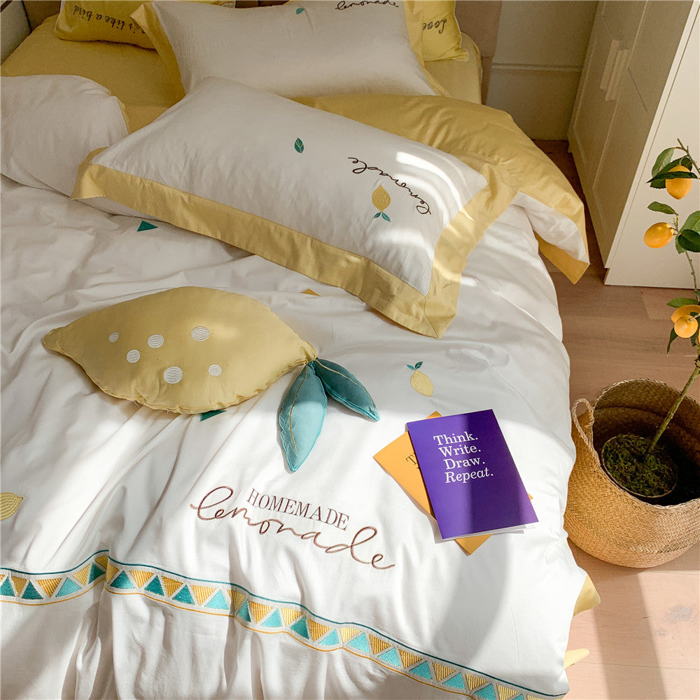 Zitronenmotiv Baumwollsatin Bettbezug Set mit Rüschensaum