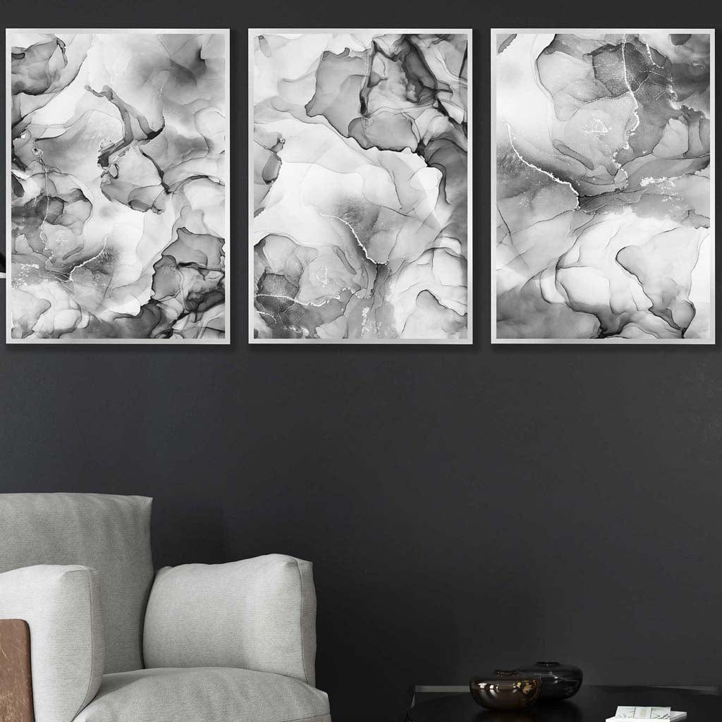 Abstraktes florales Muster in Grau, 3er-Set Wandbilder | Gerahmt