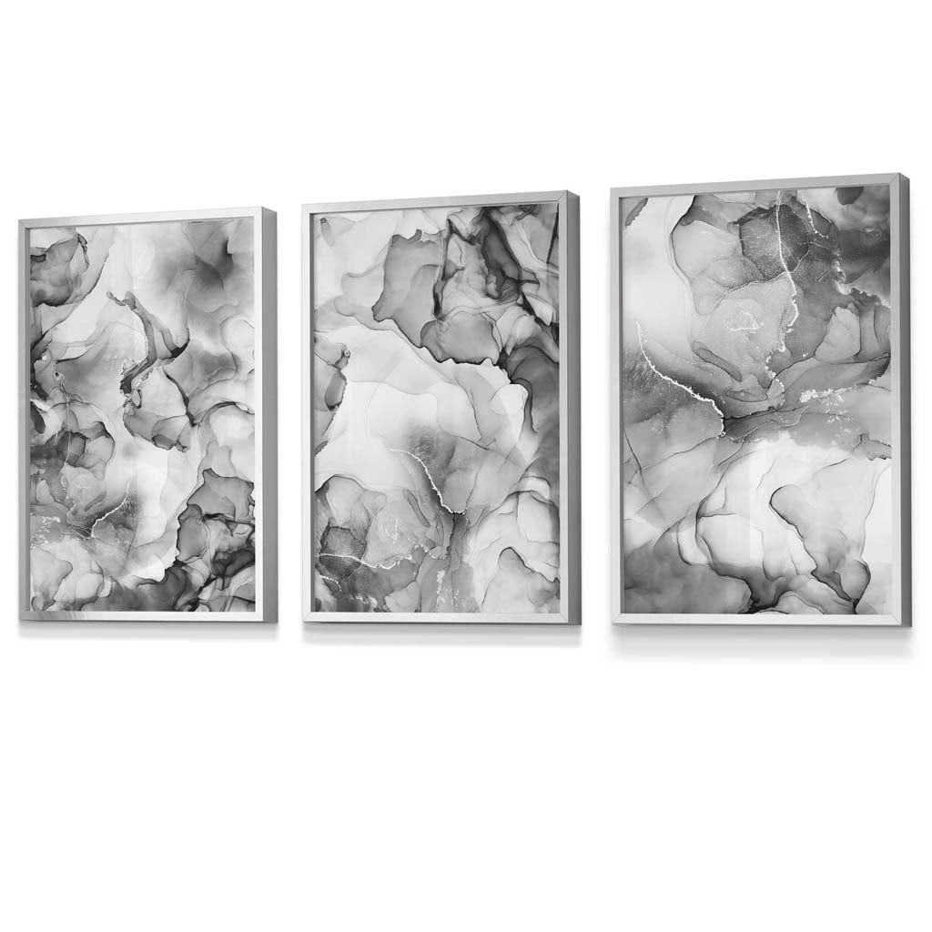 Abstraktes florales Muster in Grau, 3er-Set Wandbilder | Gerahmt