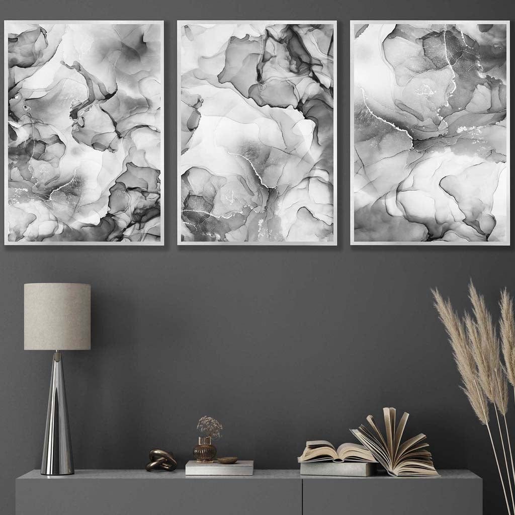 Abstraktes florales Muster in Grau, 3er-Set Wandbilder | Gerahmt