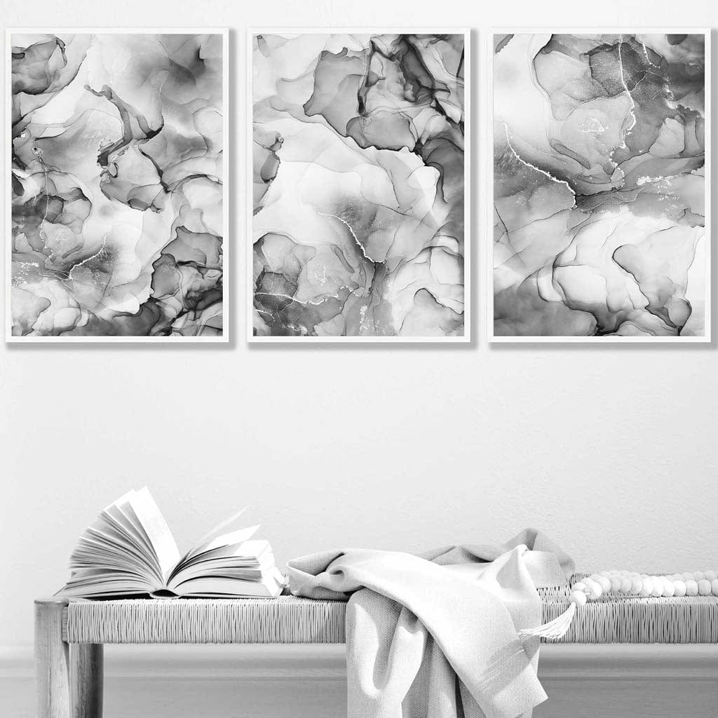 Abstraktes florales Muster in Grau, 3er-Set Wandbilder | Gerahmt