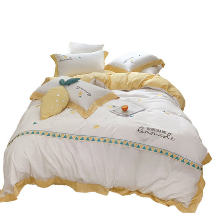 Zitronenmotiv Baumwollsatin Bettbezug Set mit Rüschensaum