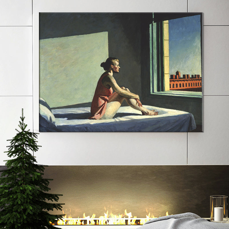 Brehn | Rote Edward Hopper Malerei Frau im Bett, die aus dem Fenster schaut Moderne strukturierte Wandkunst