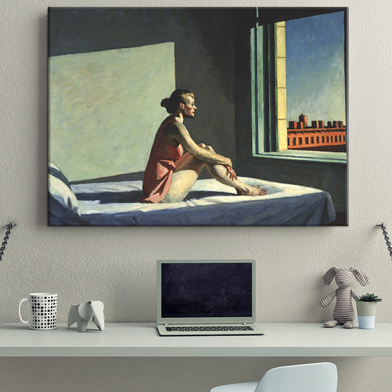 Brehn | Rote Edward Hopper Malerei Frau im Bett, die aus dem Fenster schaut Moderne strukturierte Wandkunst