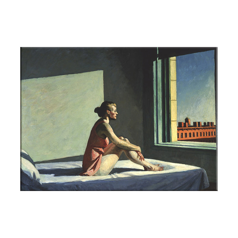 Brehn | Rote Edward Hopper Malerei Frau im Bett, die aus dem Fenster schaut Moderne strukturierte Wandkunst