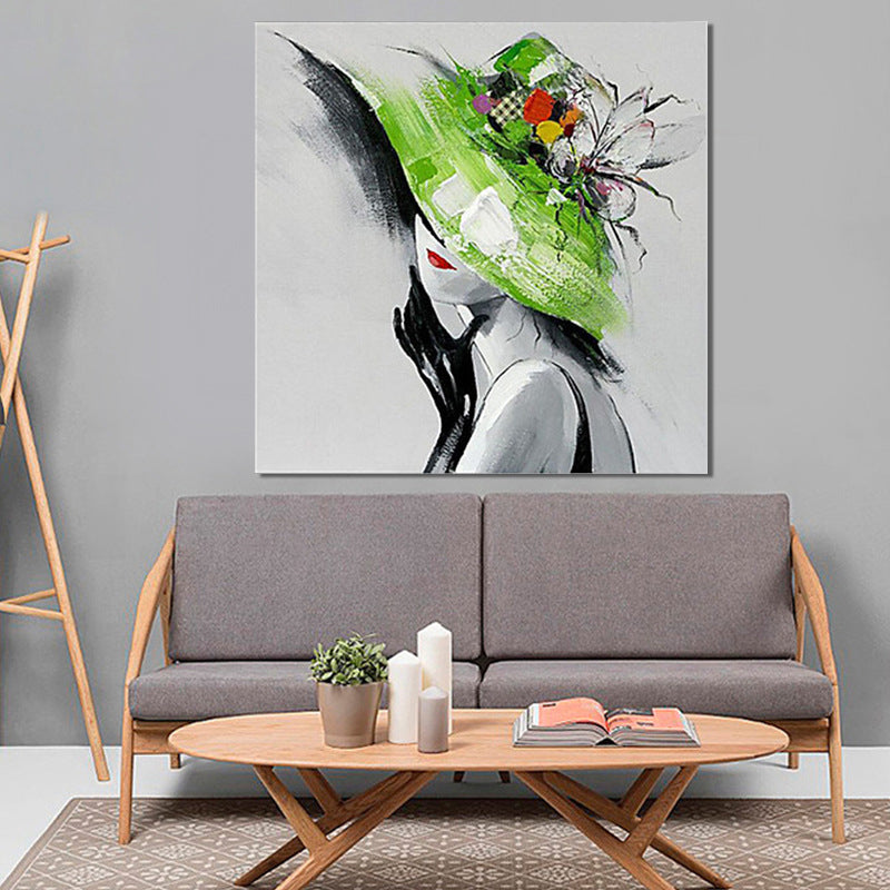 Brehn | Elegante vrouw met hoed canvas wandkunst voor meisjeskamer, groen en grijs, textuur