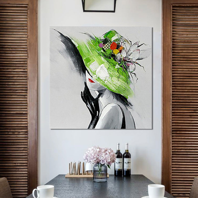 Brehn | Elegante vrouw met hoed canvas wandkunst voor meisjeskamer, groen en grijs, textuur