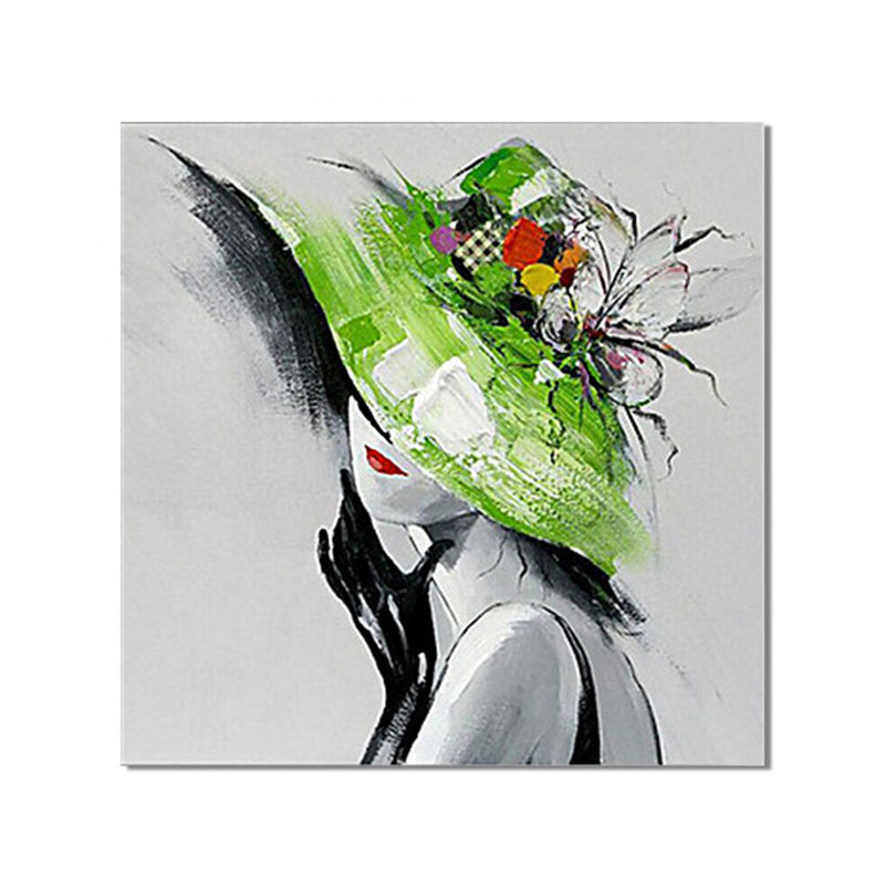 Brehn | Elegante vrouw met hoed canvas wandkunst voor meisjeskamer, groen en grijs, textuur
