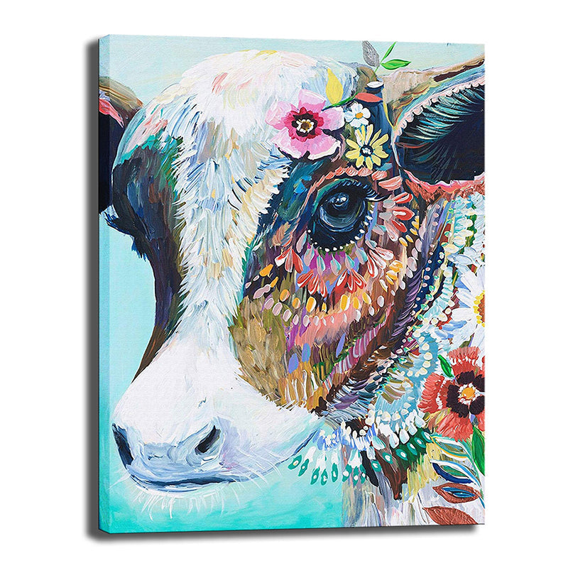 Brehn | Koe met Bloemen Schilderij Canvas Blauw Modernistische Stijl Woonkamer Wanddecoratie