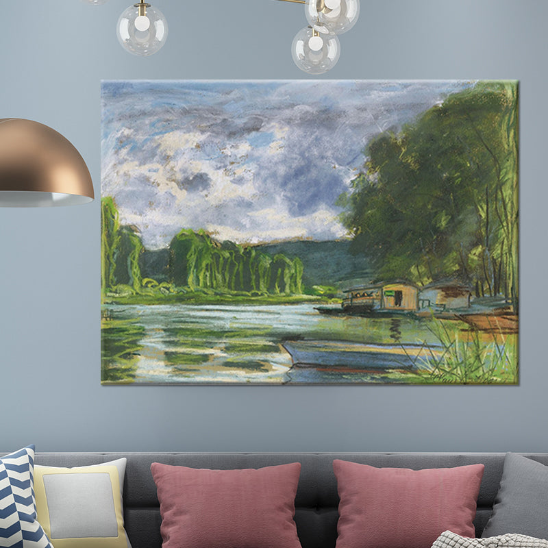 Brehn | Moderne Kunstmalerei Grüner Uferhaus Landschaft Wanddekoration für Wohnzimmer