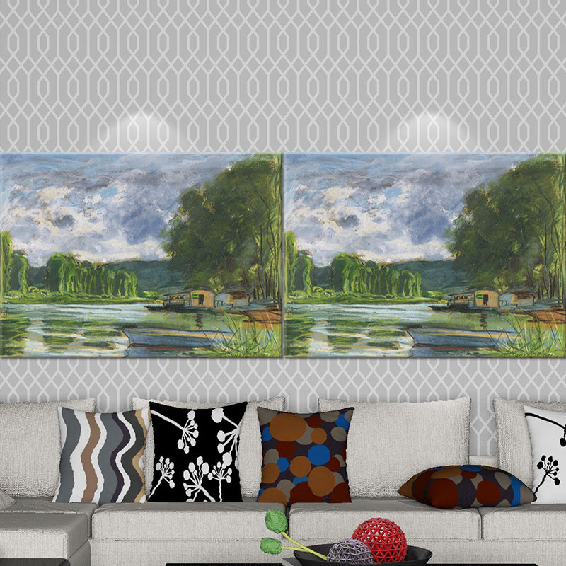 Brehn | Moderne Kunstmalerei Grüner Uferhaus Landschaft Wanddekoration für Wohnzimmer