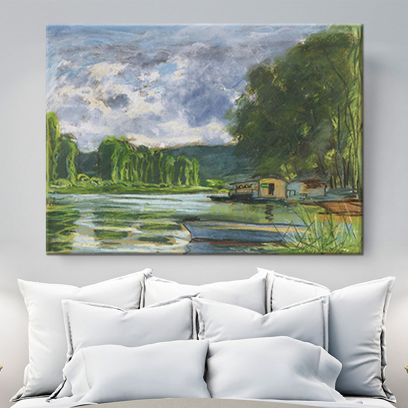 Brehn | Moderne Kunstmalerei Grüner Uferhaus Landschaft Wanddekoration für Wohnzimmer