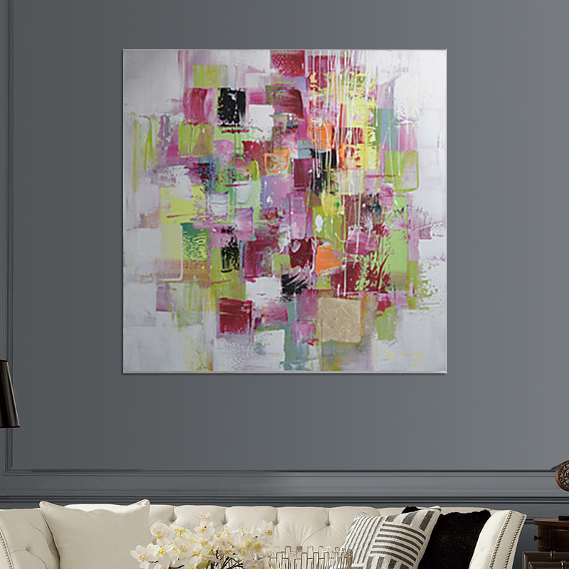 Brehn | Abstract Mozaïek Schilderij Rood en Groen Hedendaagse Kunst Canvas Print voor Woonkamer