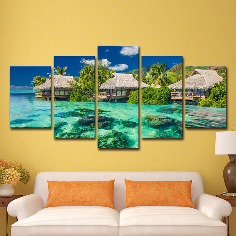 Brehn | Tropisches Resort Seascape Kunstdruck Aqua Wohnzimmer Wanddekoration, Mehrteilig