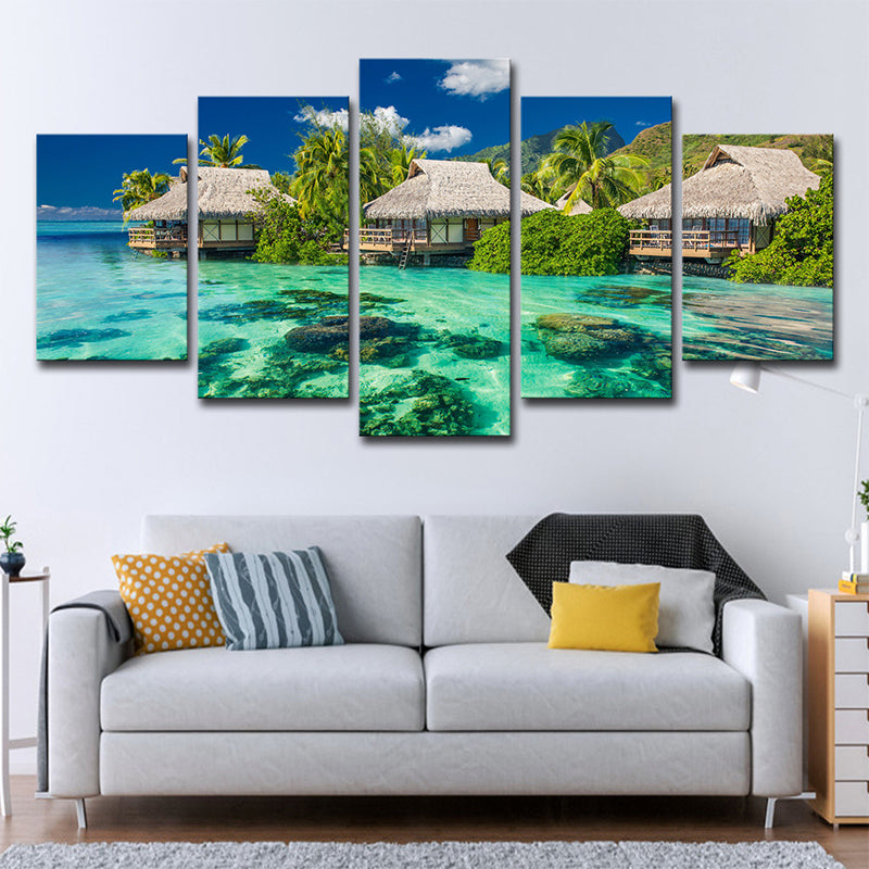 Brehn | Tropisches Resort Seascape Kunstdruck Aqua Wohnzimmer Wanddekoration, Mehrteilig