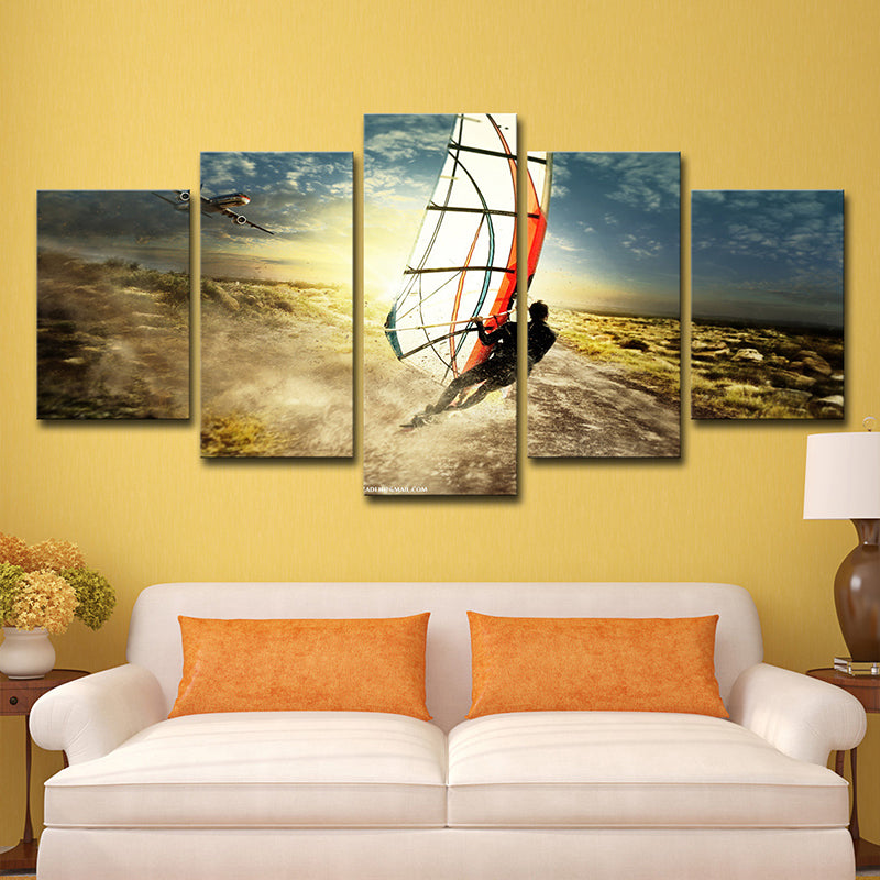 Brehn | Coole Windsurfing bei Sonnenuntergang Kunstdruck für die Innenausstattung von Häusern Extreme Sport Wanddekoration in Blau