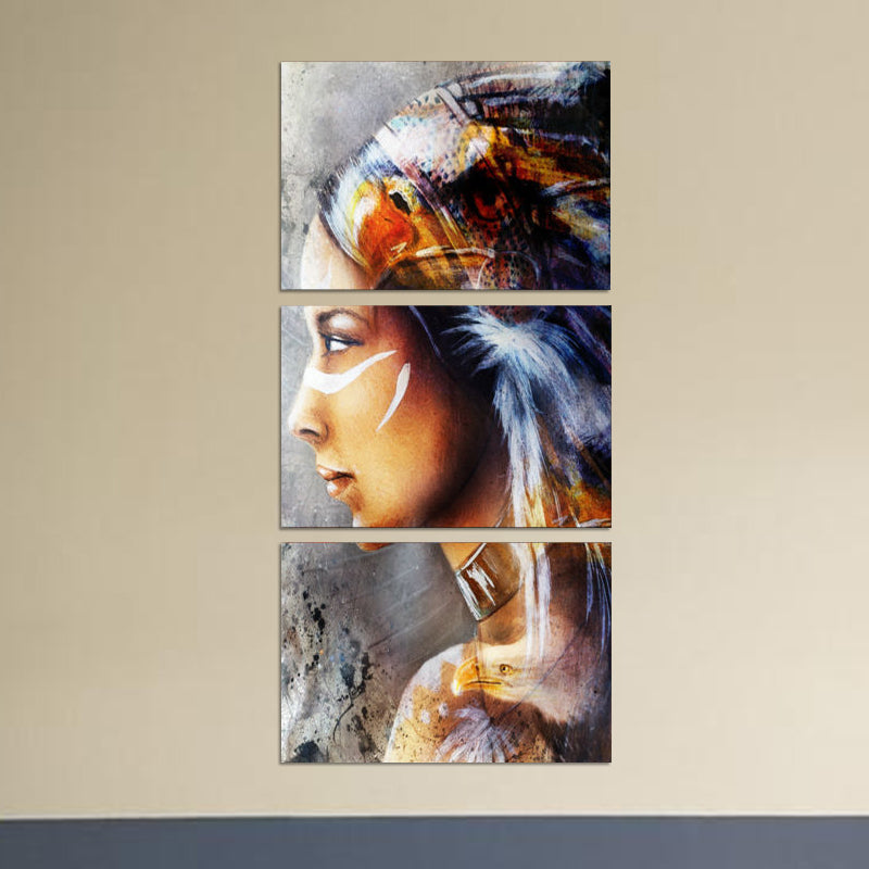 Brehn | Indiase Meisje Zijkant Gezicht Schilderij Bruin Modernistische Canvas Muurkunst voor Hotel Gang