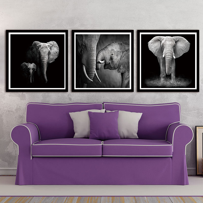 Brehn | Fotografie Tropische Muurkunst met Moeder Olifant en Haar Jong Patroon in Zwart, Meerdere Delen