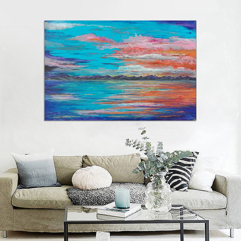 Brehn | Blauwe Zeegezichten Wandkunst Avondglans Schilderij Moderne Textuur Gewikkeld Canvas