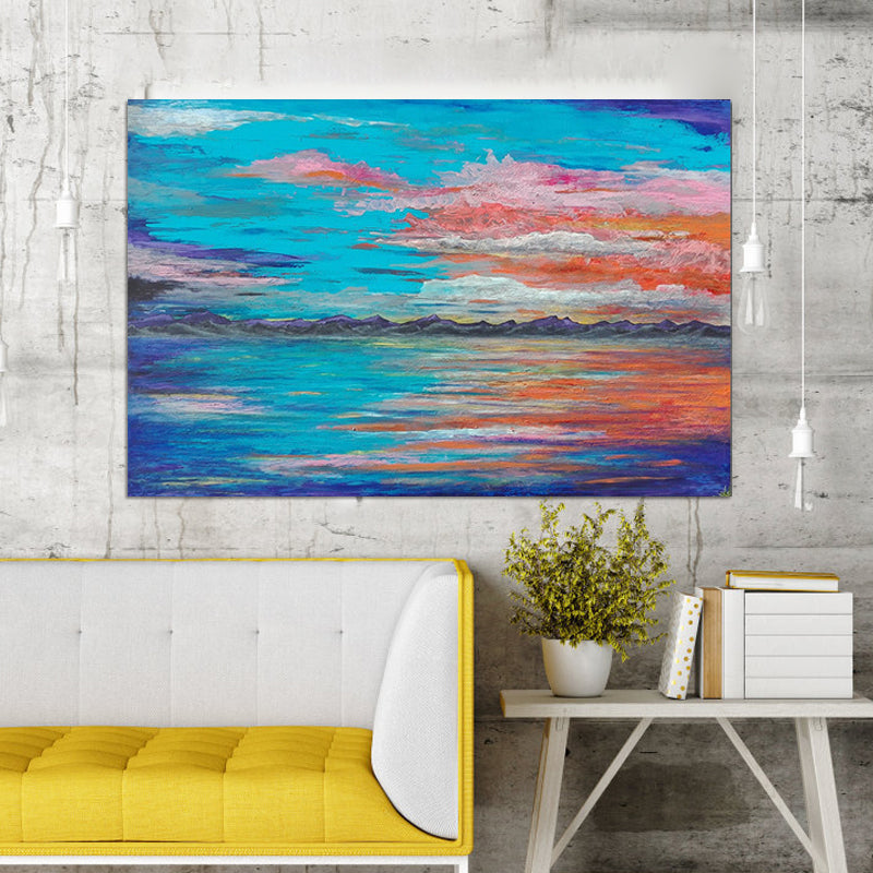 Brehn | Blauwe Zeegezichten Wandkunst Avondglans Schilderij Moderne Textuur Gewikkeld Canvas