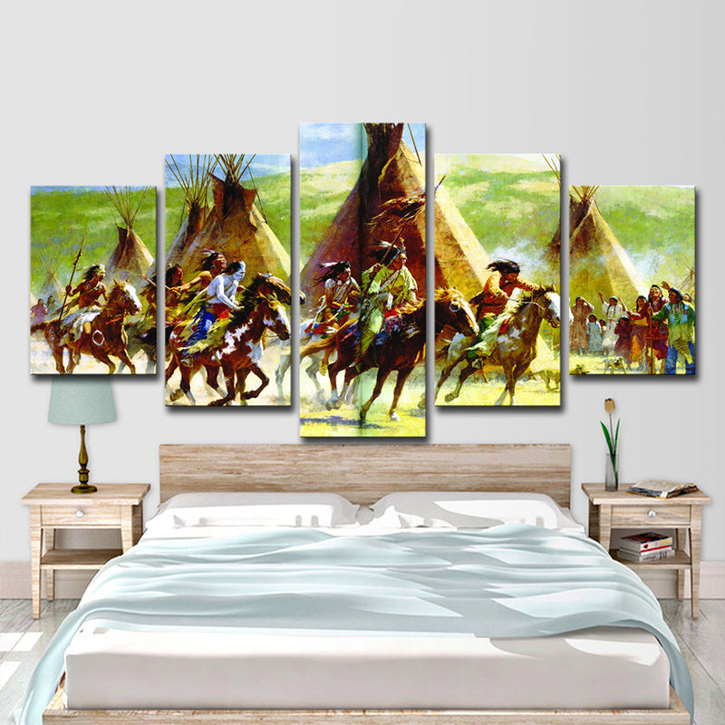 Brehn | Indische Stammesjagd Leinwandkunst Moderner Stil Mehrteilige Wanddekoration in Grün
