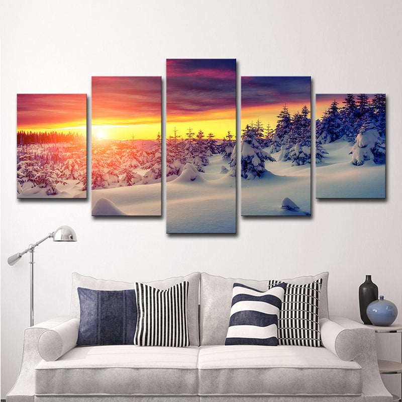 Brehn | Moderne Sunset Schnee Landschaft Leinwand Gelb Mehrteilige Wandkunst Dekor für Wohnzimmer