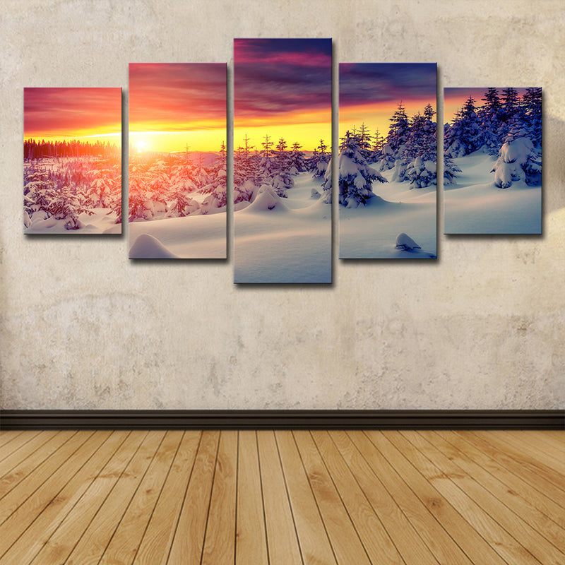 Brehn | Moderne Sunset Schnee Landschaft Leinwand Gelb Mehrteilige Wandkunst Dekor für Wohnzimmer