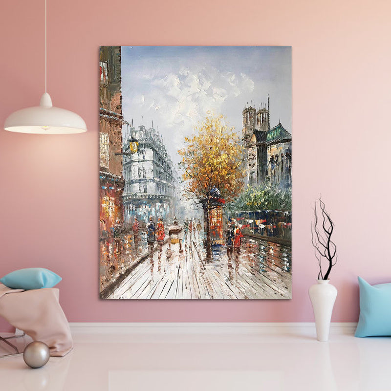 Brehn | Stedelijk Stadsbeeld Schilderij Oranje-Grijs Gestructureerd Canvas Wandkunst voor Eetkamer