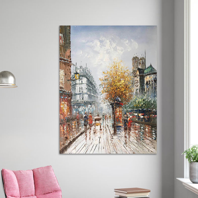 Brehn | Stedelijk Stadsbeeld Schilderij Oranje-Grijs Gestructureerd Canvas Wandkunst voor Eetkamer