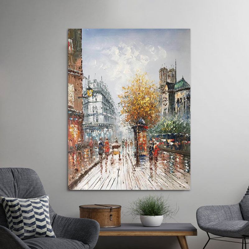 Brehn | Stedelijk Stadsbeeld Schilderij Oranje-Grijs Gestructureerd Canvas Wandkunst voor Eetkamer