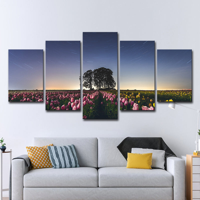 Brehn | Mehrteilige Blumenfeld-Wandkunst Stilvoller moderner Leinwanddruck in Blau für das Wohnzimmer