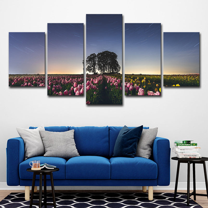 Brehn | Mehrteilige Blumenfeld-Wandkunst Stilvoller moderner Leinwanddruck in Blau für das Wohnzimmer