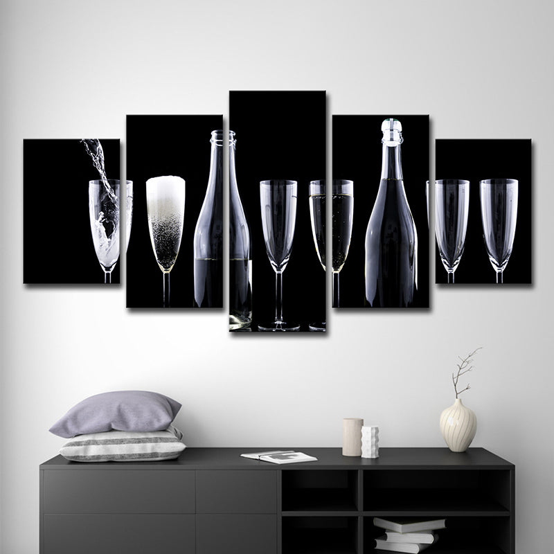 Brehn | Moderne Wein und Gläser Kunstdruck Leinwand mehrlagiger schwarzer Wandschmuck für Küche