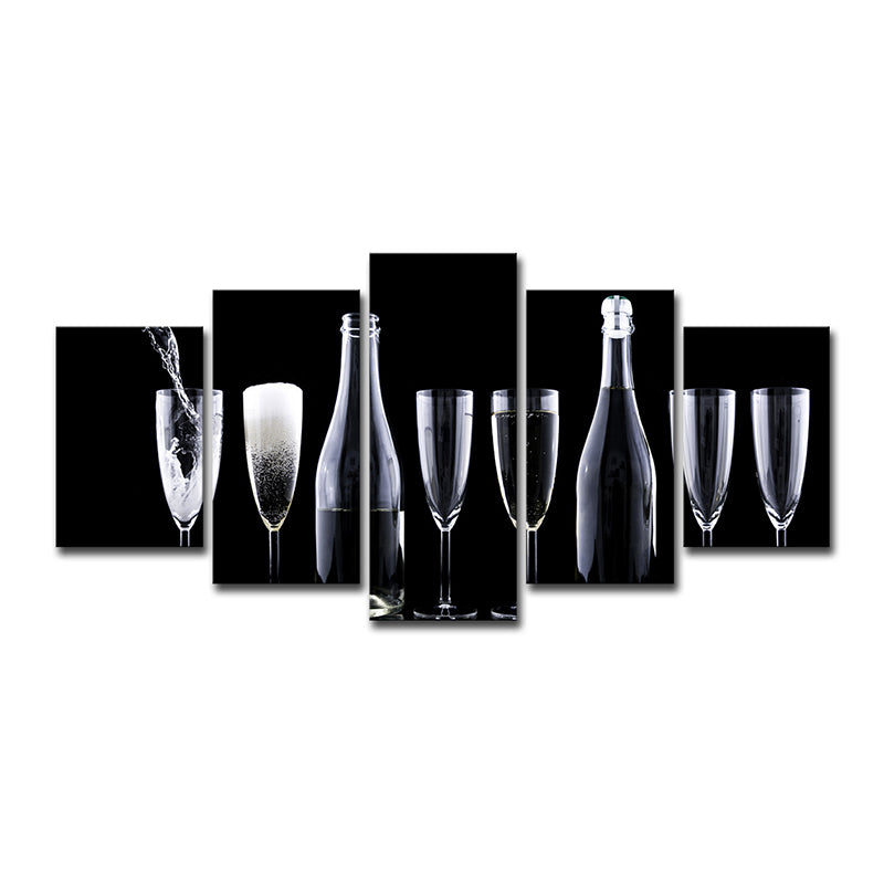 Brehn | Moderne Wein und Gläser Kunstdruck Leinwand mehrlagiger schwarzer Wandschmuck für Küche
