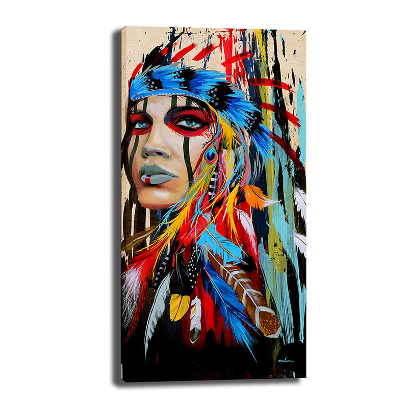 Brehn | Stammindische Frau Wandkunst für Studio Figurenmalerei Leinwanddruck in Rot-Blau