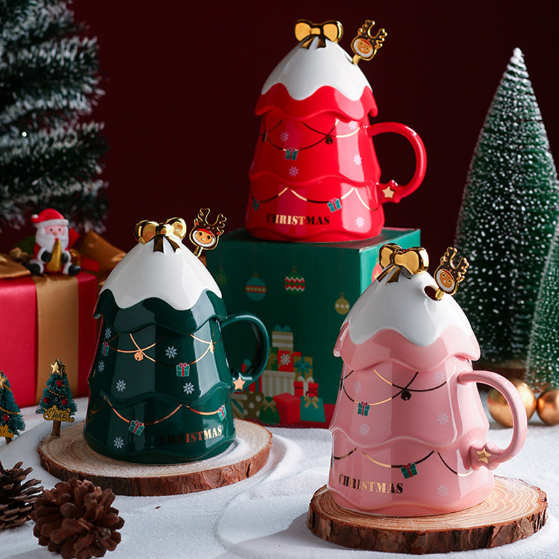 Brehn | Weihnachtsbecher Geschenk mit Deckel und Rührer Große Kapazität Keramikkaffeetasse