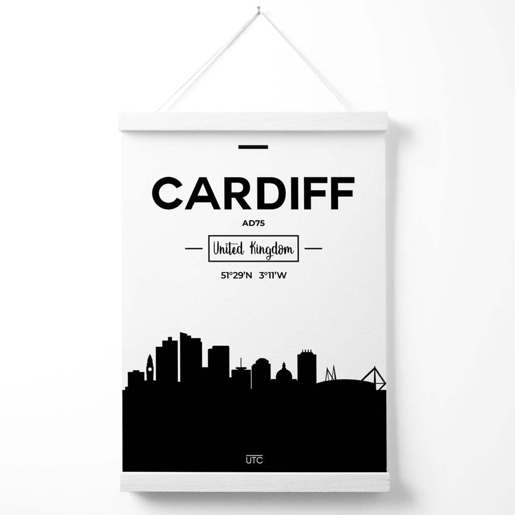 Cardiff-Stadtbildposter (Schwarz-Weiß) mit Aufhänger