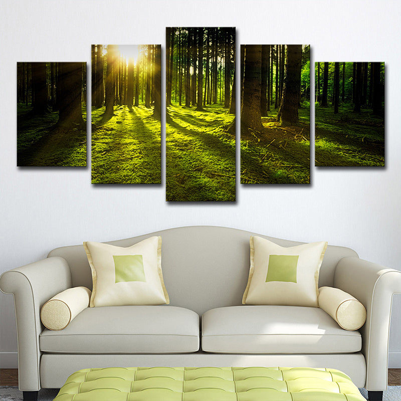 Brehn | Zonlicht Schijnt Door Bos Canvas Multi-Piece Moderne Woonkamer Muur Kunst in Groen