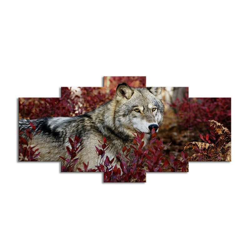 Brehn | Wolf in Bushes Canvas Print Rood und Grau Moderne Stil Wanddekoration für Wohnzimmer
