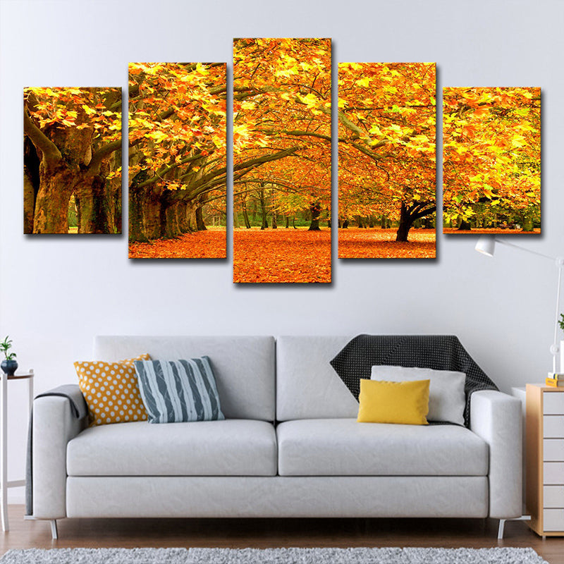 Brehn | Oranje Herfstlandschap Muurkunst Esdoornboomlaan Moderne Meerdere Stukken Canvasprint
