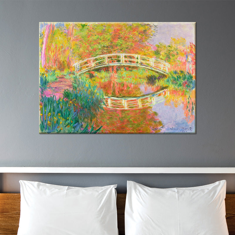 Brehn | Orange moderne Leinwand wandkunstwerk Bögenbrücke über einen ruhigen See Gemälde für Hotel