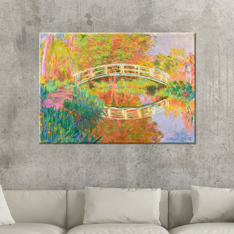 Brehn | Orange moderne Leinwand wandkunstwerk Bögenbrücke über einen ruhigen See Gemälde für Hotel