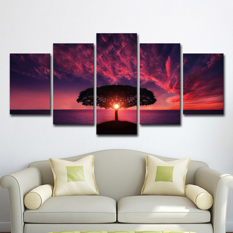 Brehn | Lila Avondgloren Muurkunst Levensboom Moderne Multi-Piece Canvas Print voor Woonkamer